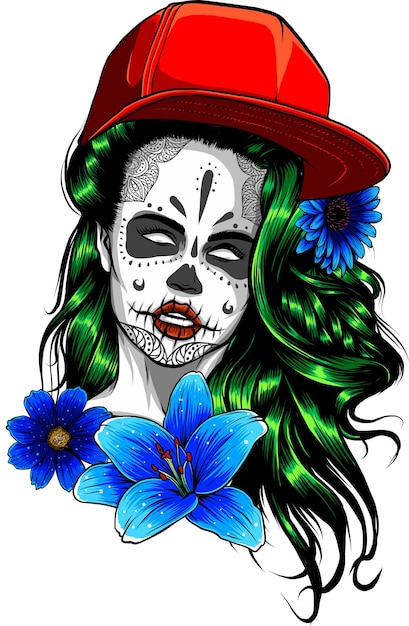 Ilustración de Sugar Skull Girl sobre fondo blanco.