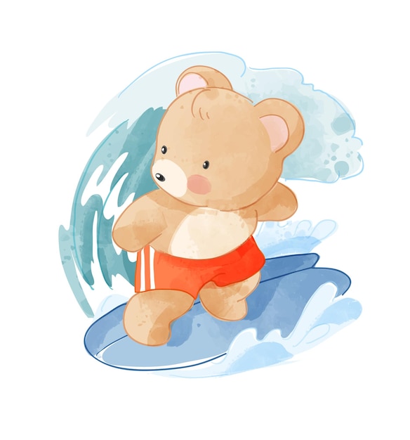 Ilustración de surf de oso de dibujos animados lindo