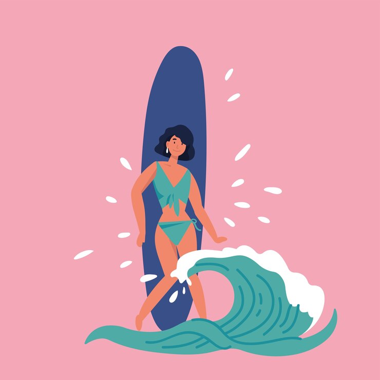 Ilustración de surfista chica de pie con una tabla de surf y cubierta de olas. Verano.