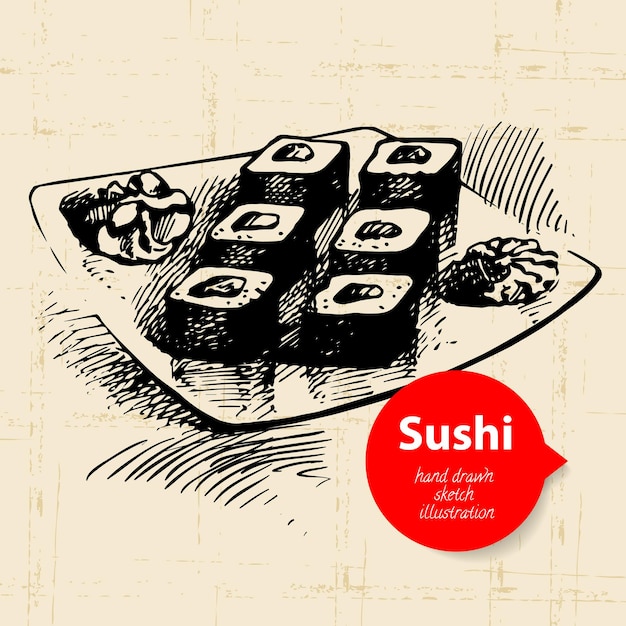 Ilustración de sushi dibujado a mano. Fondo del bosquejo