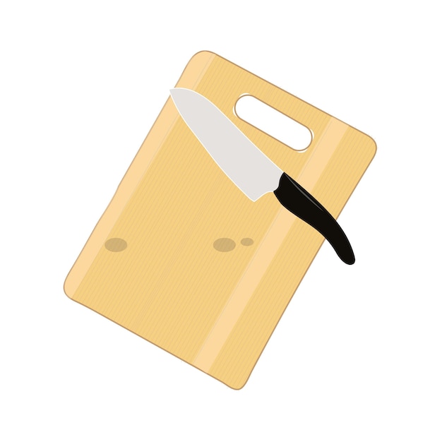 Ilustración de la tabla de cortar y el cuchillo tabla de corte de madera y cuchillo de cocina afilado aislado en blanco