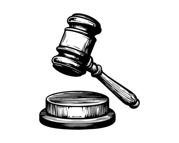 Ilustración tallada en madera de un martillo de los jueces y un bloque de sonido Ilustración legal del martillo del juez