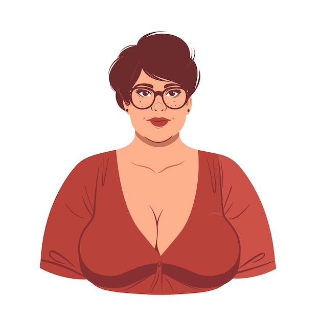 Vector ilustración de tamaño plus mujer posando con confianza personaje femenino maduro con gafas rojas