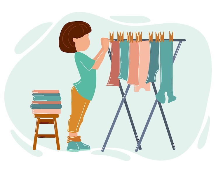 Vector ilustración de tarea una mujer linda cuelga ropa para secar en una secadoralimpieza