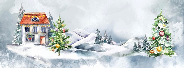 Ilustración de la tarjeta del árbol de Navidad de invierno Ilustración de la casa de campo