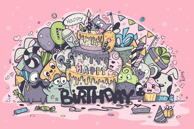 Ilustración de la tarjeta de felicitación para el cumpleaños de los garabatos de colores. conjunto 2