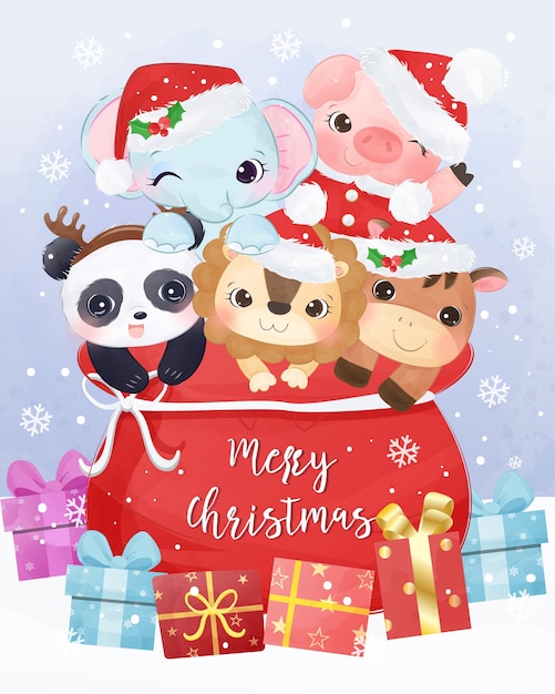 Ilustración de tarjeta de felicitación de Navidad con animales lindos