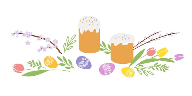 Ilustración de tarjeta de felicitación de pascua feliz con símbolo tradicional pastel de pascua y flores de primavera de huevo