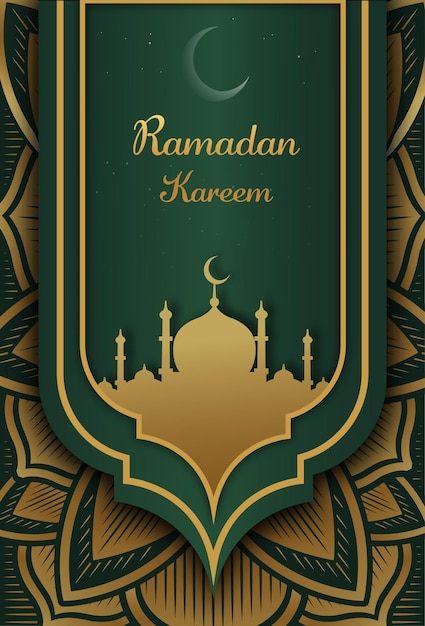Ilustración de la tarjeta de felicitación de Ramadán Kareem con patrón islámico