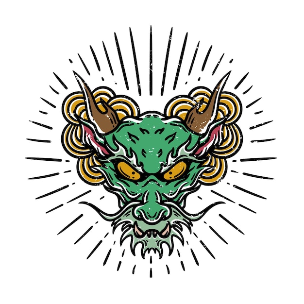 Ilustración de tatuaje de cabeza de dragón japonés de estilo vintage sobre fondo blanco
