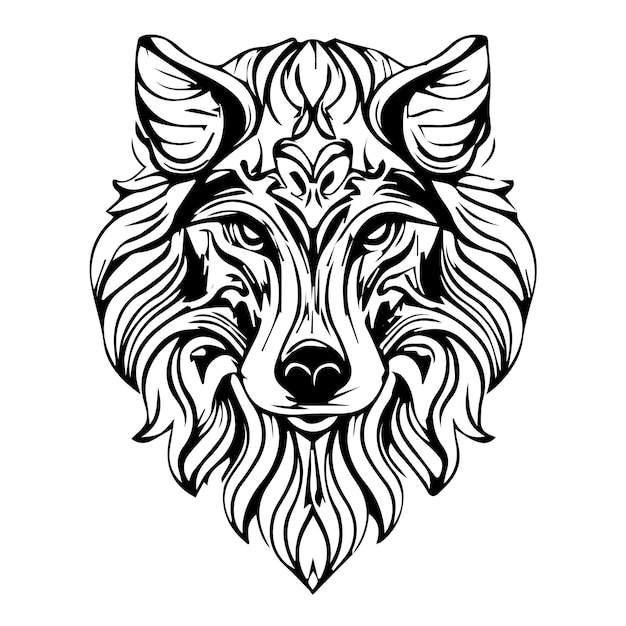 Vector ilustración del tatuaje de la cara del lobo en blanco y negro