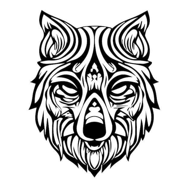Ilustración del tatuaje de la cara del lobo en blanco y negro