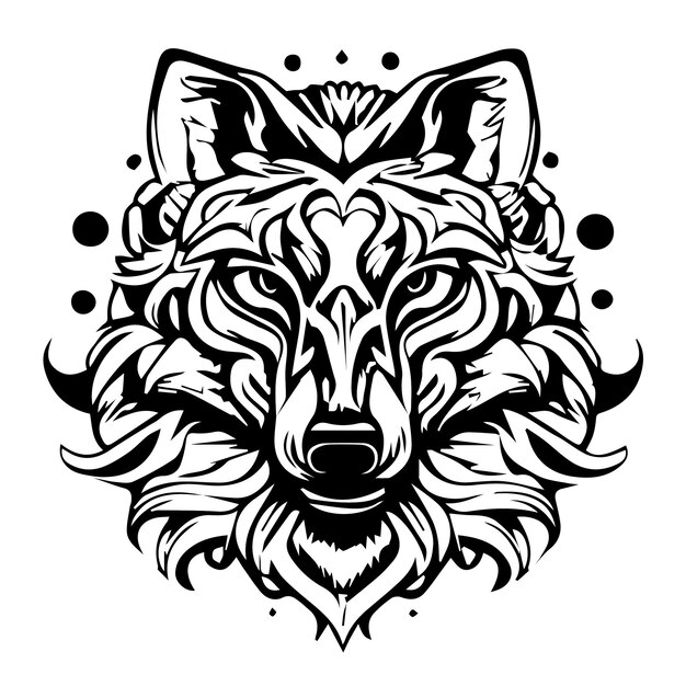 Vector ilustración del tatuaje de la cara del lobo con fondo blanco y líneas negras