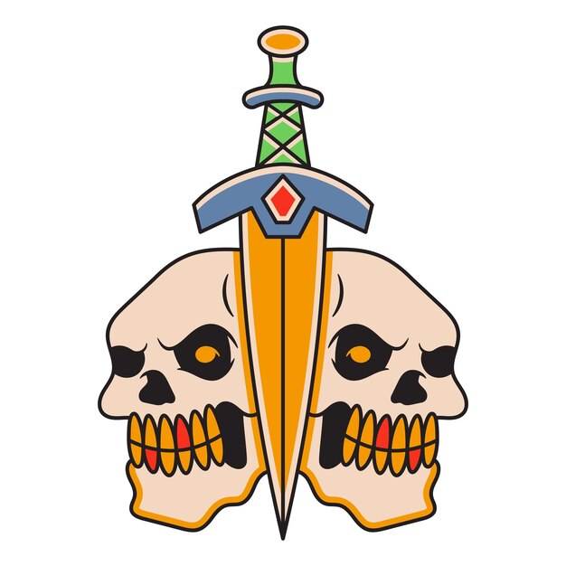Ilustración de tatuaje retro vectorial de espada y cabeza de calavera