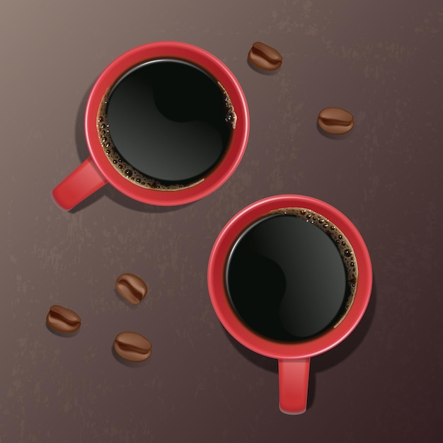 Ilustración de una taza de café realista con granos de café, vista superior. ilustración