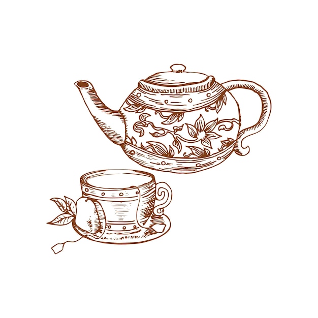 Vector ilustración de taza de té y tetera de dibujo a mano