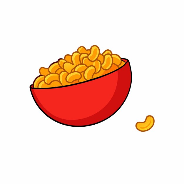 una ilustración de un tazón rojo lleno de macarrones amarillos y queso