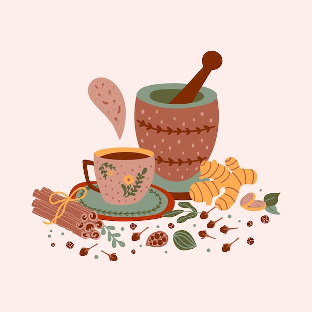 Ilustración de té picante Impresión de fiesta de té especiado con sabor caliente Dibujos animados canela jengibre papel negro clavo de cardamomo Taza mortero maja tarjeta de vector de té masala Impresión de té Chai
