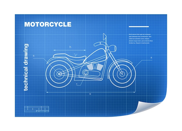 Vector ilustración técnica con dibujo de moto en el plano