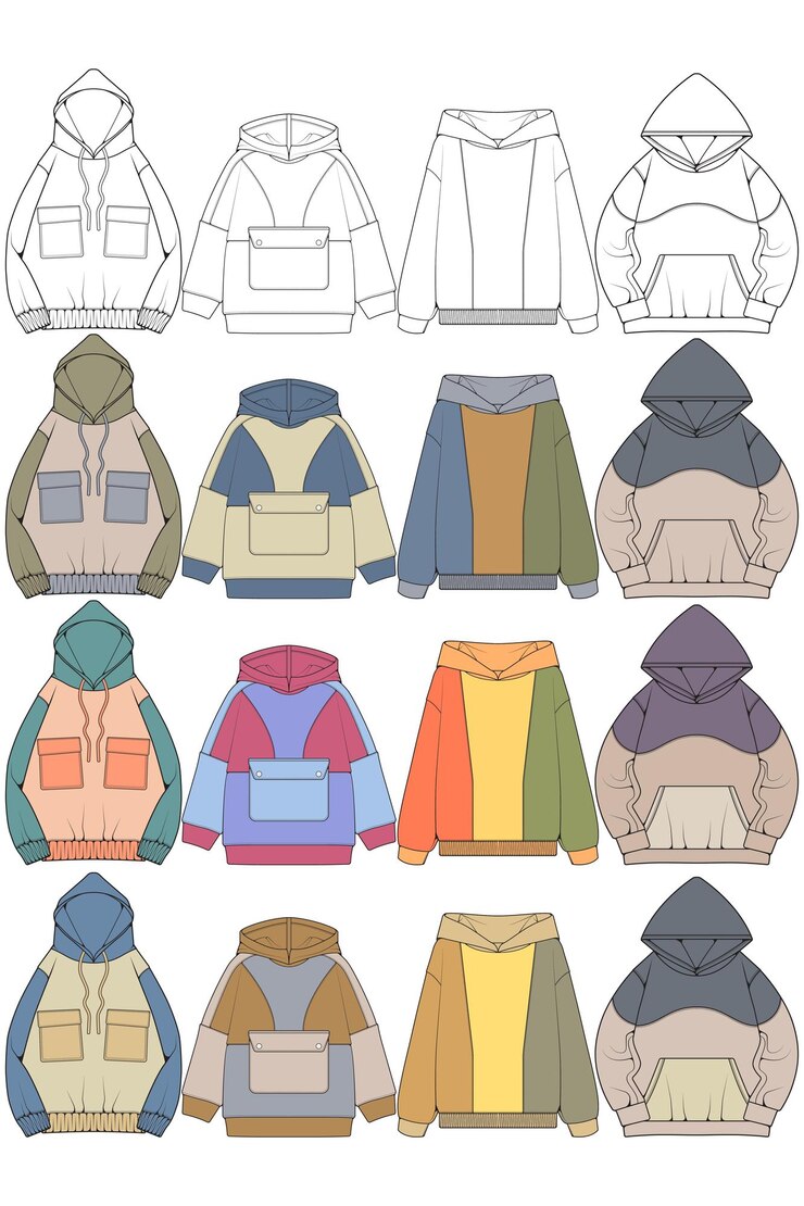 Vector ilustración técnica de moda con capucha de gran tamaño con mangas largas de ajuste relajado plantilla de prendas de vestir planas mujeres hombres sudadera unisex maqueta superior