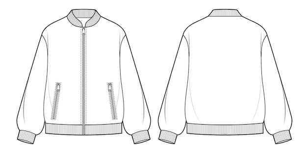 Ilustración técnica de la moda de la chaqueta de bombardero con cuello de costilla