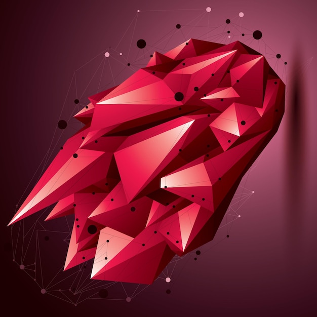 Ilustración de tecnología abstracta vectorial 3D, objeto inusual geométrico en perspectiva con estructura alámbrica. Forma de origami rojo.