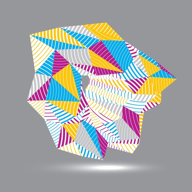 Ilustración de tecnología abstracta vectorial 3D, objeto rayado inusual geométrico. Forma tridimensional brillante de origami.