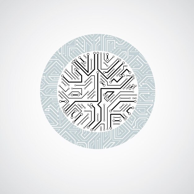 Ilustración de tecnología abstracta vectorial con placa de circuito monocromática redonda. Esquema digital circular de alta tecnología de dispositivo electrónico.