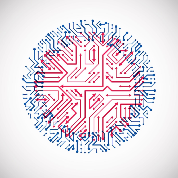 Vector ilustración de tecnología abstracta vectorial con placa de circuito redonda roja y azul. esquema digital circular de alta tecnología de dispositivos electrónicos, flechas multidireccionales.