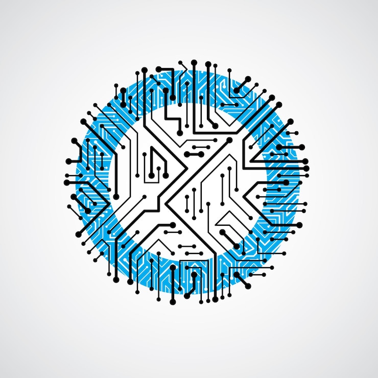 Vector ilustración de tecnología colorida abstracta vectorial con placa de circuito azul redonda. esquema digital circular de alta tecnología de dispositivo electrónico.
