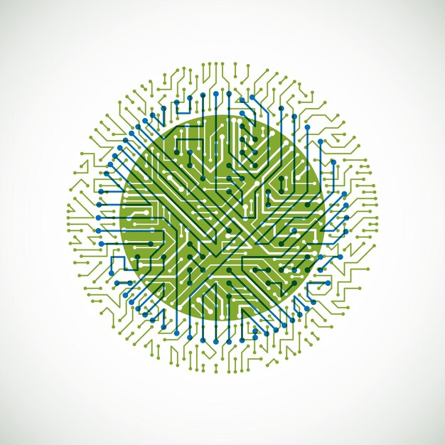 Ilustración de tecnología colorida abstracta vectorial con placa de circuito verde y azul redonda. Esquema digital circular de alta tecnología de dispositivo electrónico.
