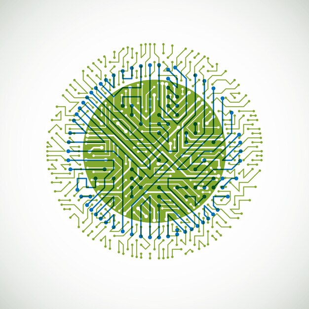 Ilustración de tecnología colorida abstracta vectorial con placa de circuito verde y azul redonda. Esquema digital circular de alta tecnología de dispositivo electrónico.