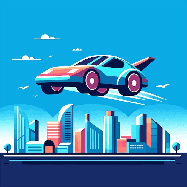 Vector ilustración de la tecnología futura del coche volador en estilo de diseño plano