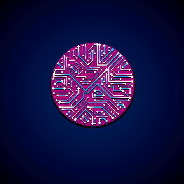 Ilustración de tecnología luminiscente abstracta vectorial, placa de circuito magenta redonda con destellos. esquema digital circular de alta tecnología de dispositivo electrónico.