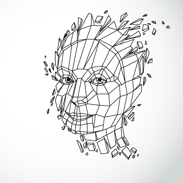 Ilustración tecnológica moderna de personalidad, retrato vectorial 3d. Metáfora de la inteligencia, rostro polivinílico bajo con astillas que se desmoronan, cabeza que explota con ideas, pensamientos e imaginación.