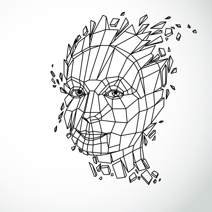 Vector ilustración tecnológica moderna de personalidad, retrato vectorial 3d. metáfora de la inteligencia, rostro polivinílico bajo con astillas que se desmoronan, cabeza que explota con ideas, pensamientos e imaginación.