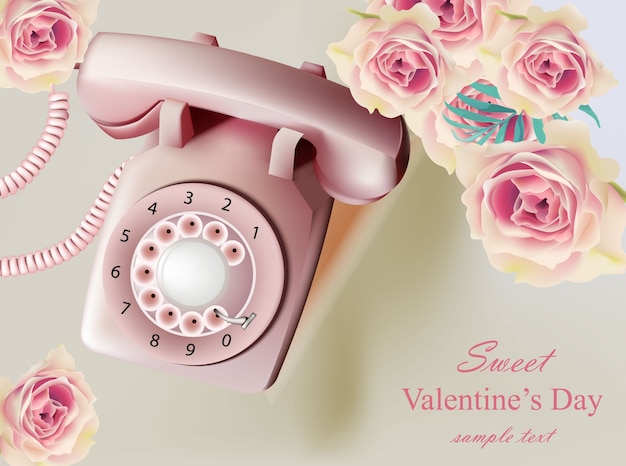 Ilustración de teléfono realista vintage, tarjeta del día de san valentín