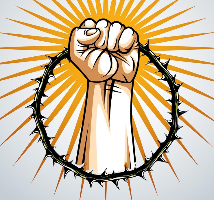 Vector ilustración del tema de la esclavitud con el puño cerrado de la mano fuerte que lucha por la libertad contra la espina de endrino, el logotipo vectorial o el tatuaje, a través de las espinas al concepto de estrellas.