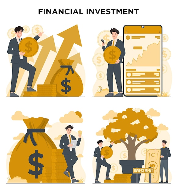Ilustración del tema de la inversión financiera con estrategias para el crecimiento de la riqueza y la planificación futura