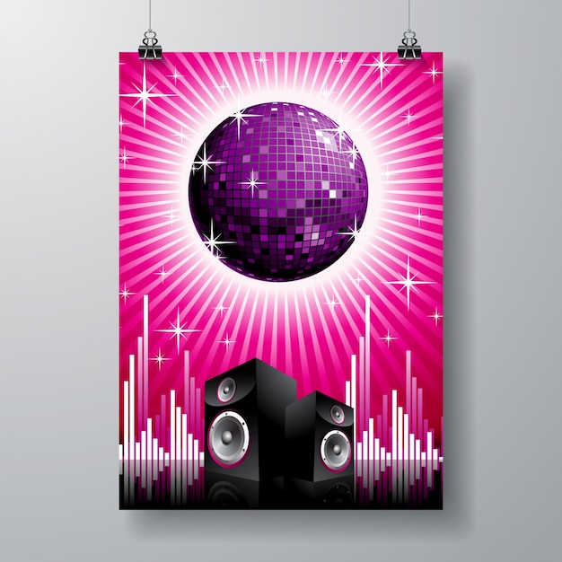 Ilustración en tema musical con altavoces y bola de discoteca