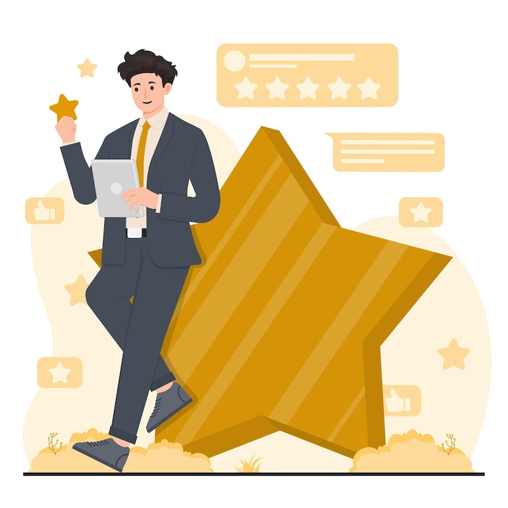 Vector ilustración del tema de la revisión del cliente que hace hincapié en el negocio de recopilación de comentarios