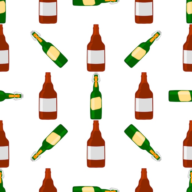 Ilustración temática de botellas de vidrio de cerveza sin costuras con tapa para cervecería