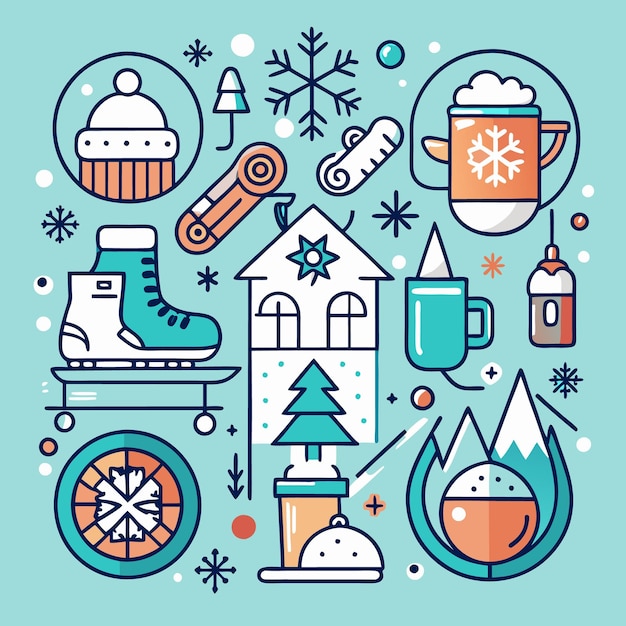 Ilustración temática de invierno con patines de hielo, bebida caliente, casa de invierno y montañas nevadas