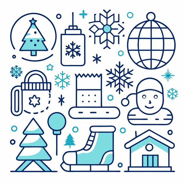 Ilustración temática de vacaciones de invierno con un árbol de Navidad un muñeco de nieve una casa una bota de patinaje y copos de nieve