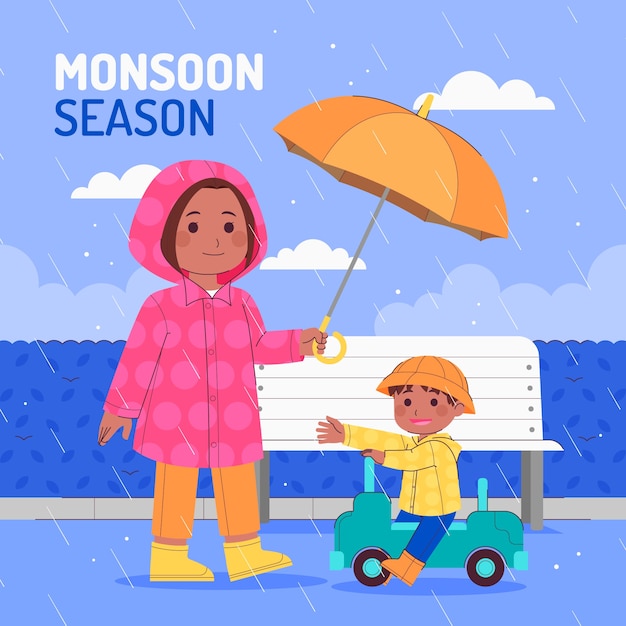 Ilustración para la temporada de monzones y el clima lluvioso