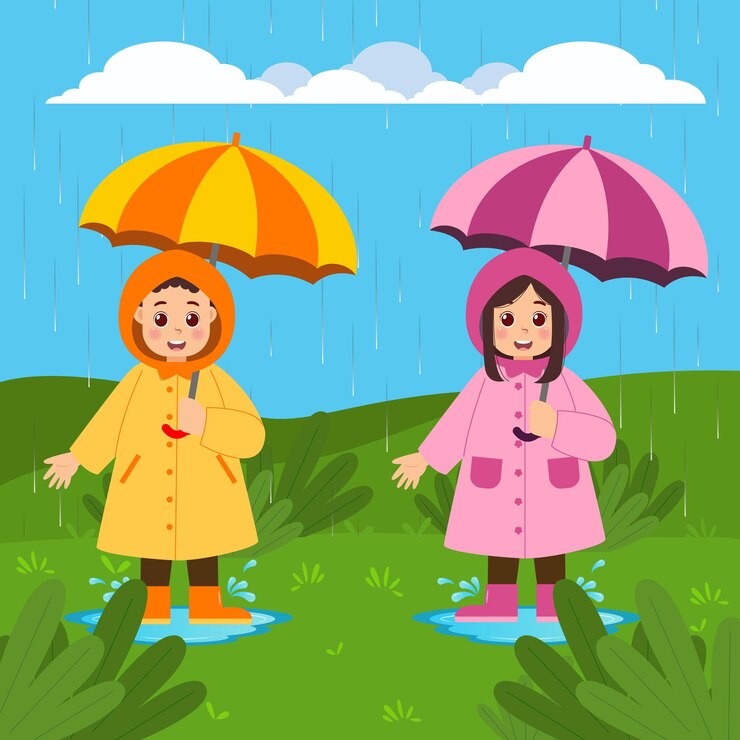 Ilustración de la temporada de monzones con niños jugando en la lluvia con paraguas