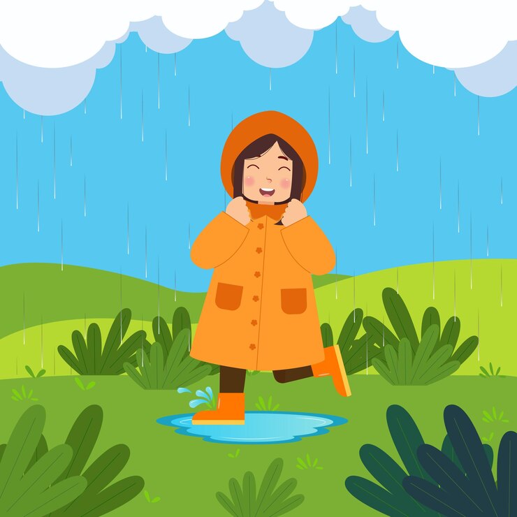 Ilustración de la temporada de monzones con niños jugando bajo la lluvia