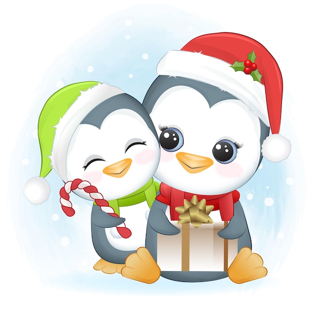 Ilustración de temporada navideña de pingüinos lindos y caja de regalo