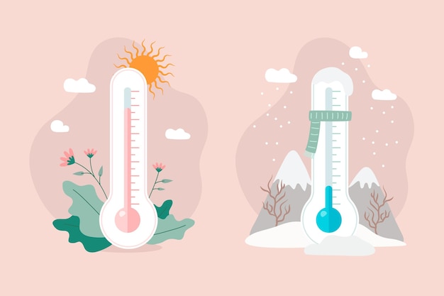 Ilustración con un termómetro de frío y calor en un fondo beige