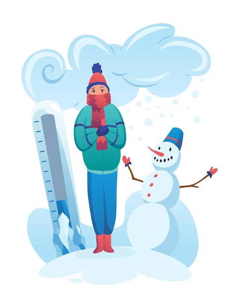 Ilustración de termómetro de meteorología de clima frío Personaje masculino de dibujos animados en la temporada de invierno Clima nublado